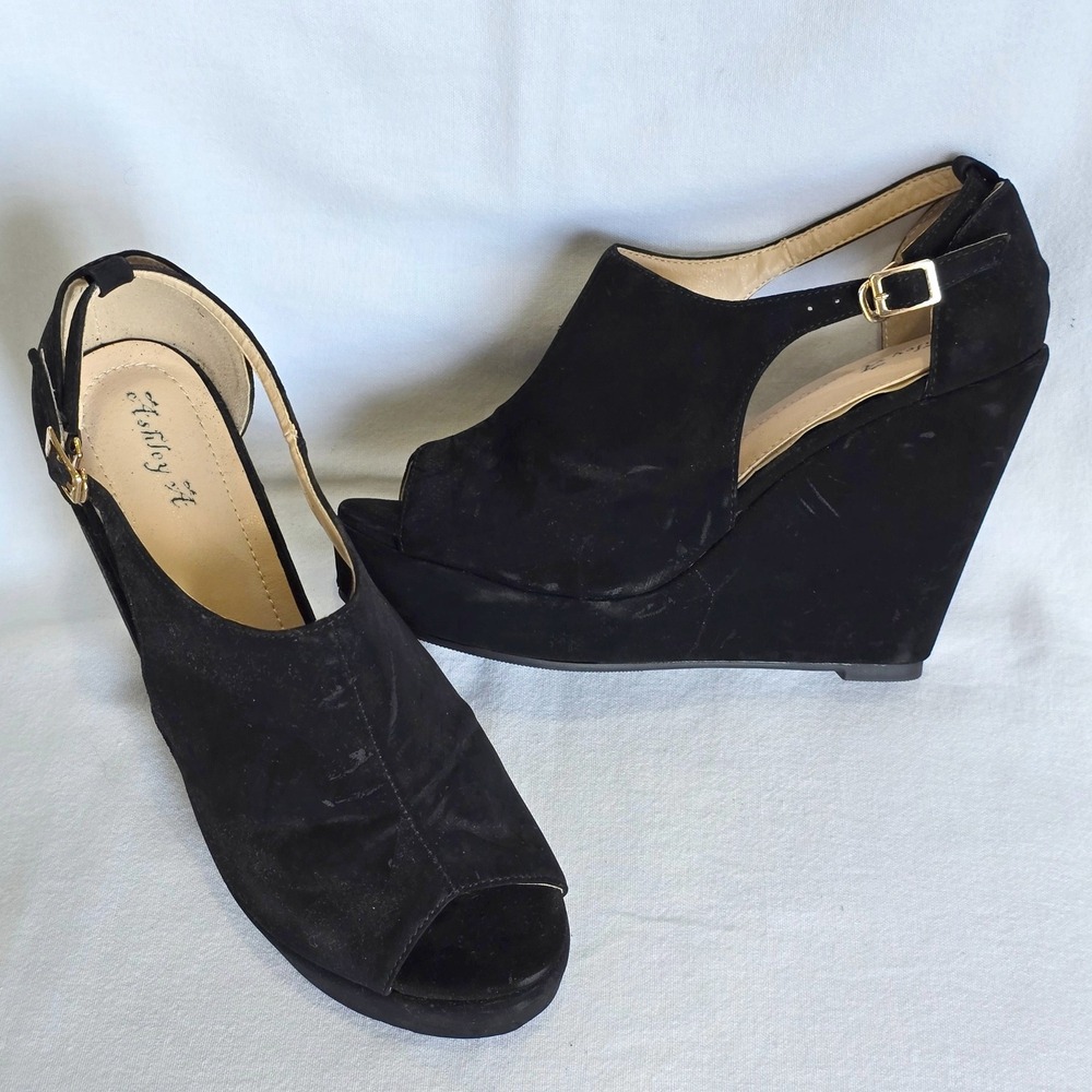 Ashley A Women Size 7 Wedge Sandals Black Faux Suede Platform Ankle Strap Heel
